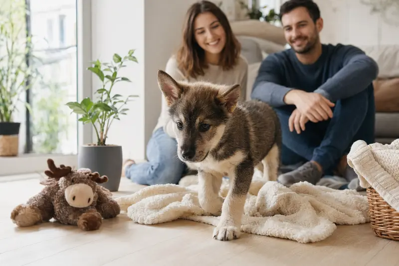 Ein neugieriger Russisch-Europäischer Laika Welpe erkundet seine freundliche Wohnung mit weicher Decke und Spielzeug.
