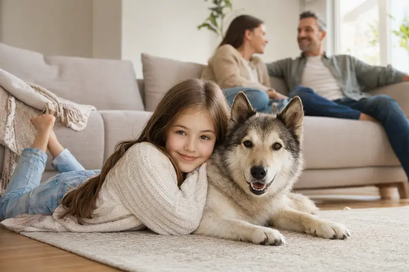 Ein Russisch-Europäischer Laika liegt entspannt neben einem Kind im Wohnzimmer in einer sicheren Familienatmosphäre.