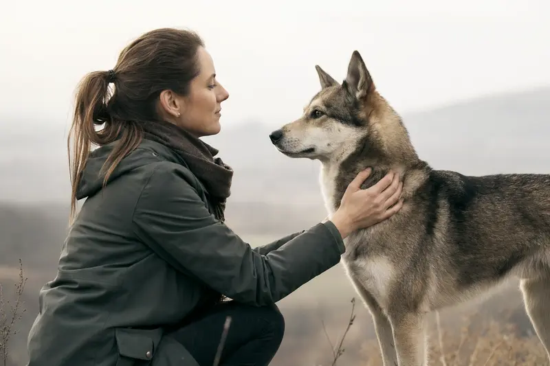 Russisch-Europäischer Laika Hund in natürlicher Haltung vor hellem Hintergrund, als realistisches Tierportrait mit feinem Fell und aufmerksamem Blick.