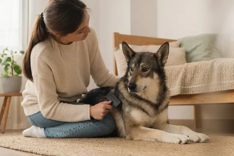Ein Russisch-Europäischer Laika wird in einer hellen Wohnung sanft gebürstet und gepflegt.