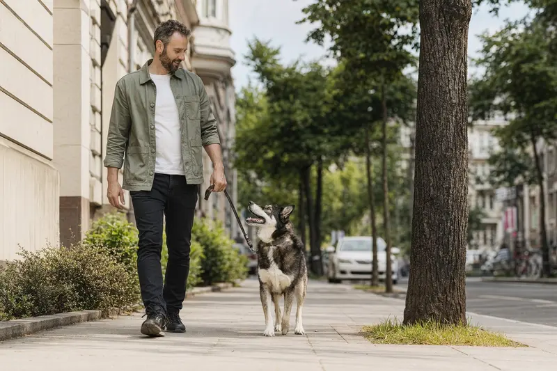 Ein Russisch-Europäischer Laika läuft entspannt an der Leine mit seinem Besitzer durch eine moderne Stadtstraße.