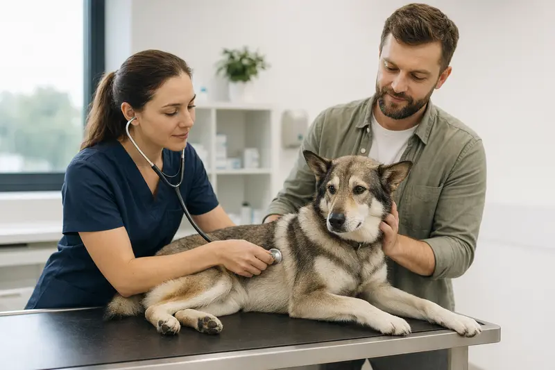Ein ruhiger Russisch-Europäischer Laika Hund wird von einer freundlichen Tierärztin mit einem Stethoskop in einer modernen Praxis untersucht, während sein Besitzer beruhigend danebensteht.