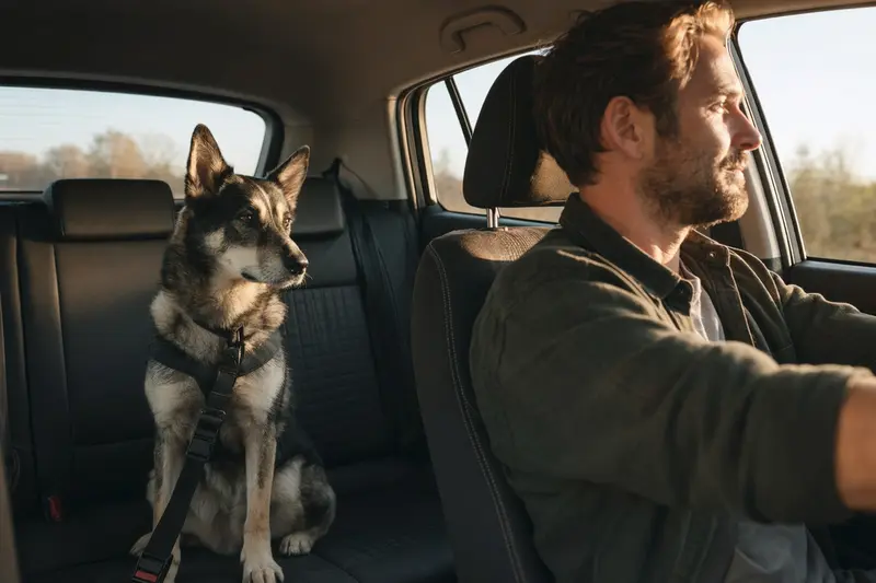 Ein Russisch-Europäischer Laika sitzt sicher angeschnallt auf der Rückbank eines Autos, während sein Besitzer ruhig fährt.