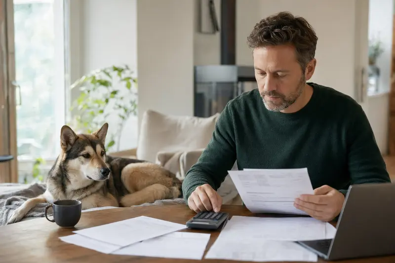 Ein Hundebesitzer sitzt mit einer Tierarztrechnung am Tisch, während ein entspannter Russisch-Europäischer Laika auf einer Decke daneben liegt und eine ruhige Lösungssituation in der Wohnung vermittelt.