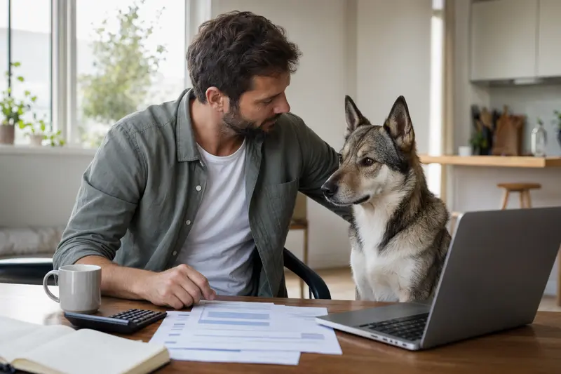 Ein Russisch-Europäischer Laika sitzt ruhig neben seinem Besitzer am Küchentisch mit Versicherungsunterlagen und Laptop zu einer Tierversicherungs-Vergleichsseite.