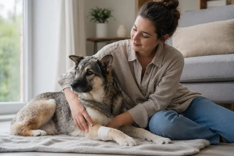 Russisch-Europäischer Laika mit leicht verbundenem Pfotenverband liegt ruhig auf einer Decke neben seinem erleichterten Besitzer in einer hellen Wohnung.