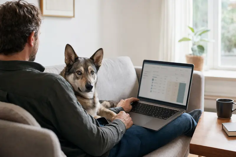 Ein Besitzer sitzt entspannt auf dem Sofa mit einem Laptop, während ein Russisch-Europäischer Laika Hund an seiner Seite liegt, der Bildschirm zeigt eine neutrale Versicherungsvergleichsseite.