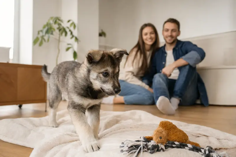 Ein neugieriger Russisch-Europäischer Laika Welpe erkundet sein neues Zuhause mit weicher Decke und Spielzeug, während eine liebevolle Familie im Hintergrund zu sehen ist.