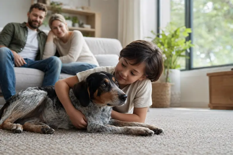 Ein freundlicher Russischer Bracke Hund liegt entspannt neben einem Kind im hellen Wohnzimmer, während die Eltern im Hintergrund eine sichere Familienatmosphäre schaffen.