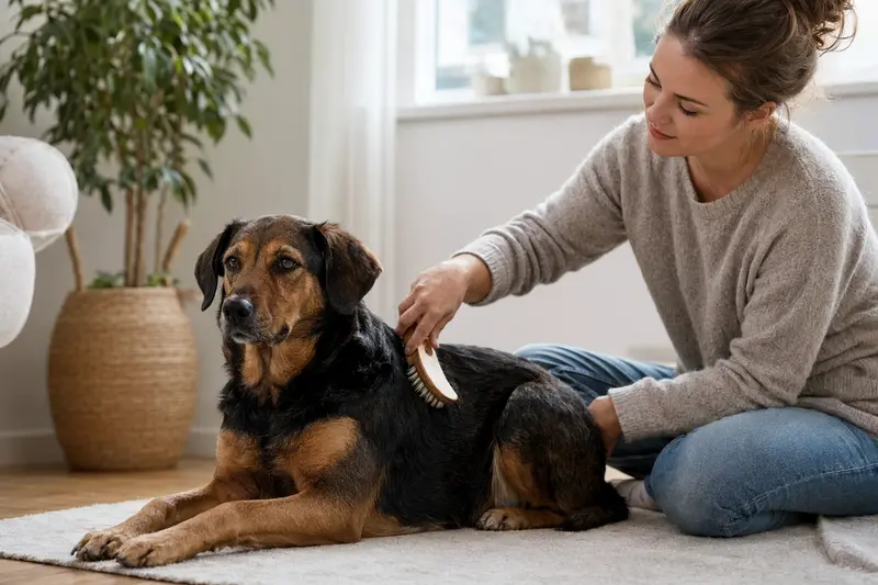 Ein Russische Bracke Hund wird in einer hellen Wohnung liebevoll gebürstet, während der Besitzer sich ruhig um die Fellpflege kümmert.