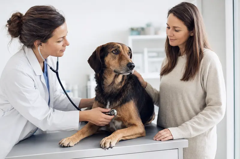 Eine freundliche Tierärztin untersucht ruhig einen Russischen Bracke Hund auf einem Untersuchungstisch in einer modernen Tierarztpraxis.