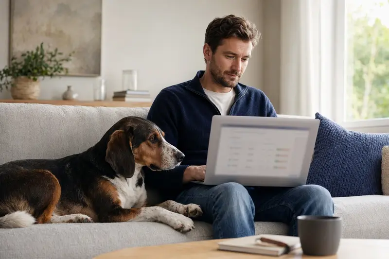Ein Hundebesitzer sitzt mit einem Laptop auf dem Sofa, während ein Russische Bracke Hund neben ihm liegt und erinnert an die wichtige Entscheidung zur Tierkrankenversicherung.