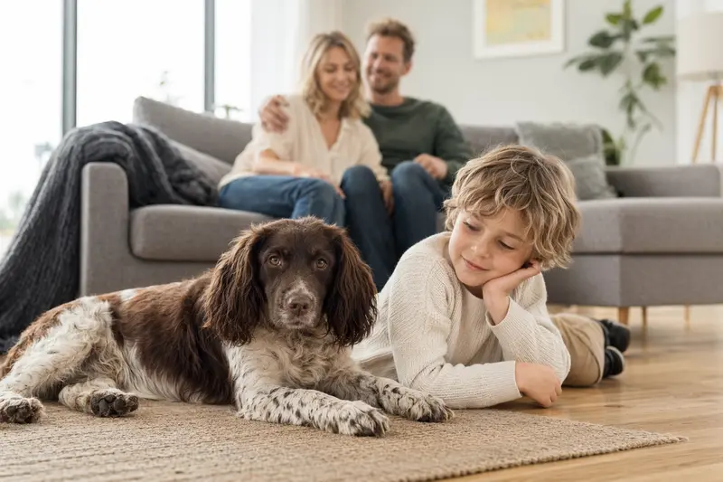 Ein freundlicher Russischer Jagdspaniel liegt entspannt neben einem Kind im Wohnzimmer, während die Eltern im Hintergrund in einer sicheren Familienatmosphäre zu sehen sind.