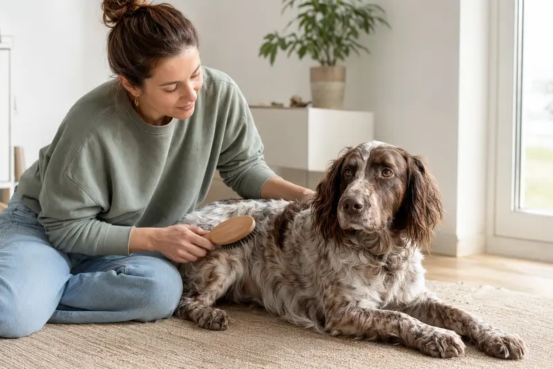 Ein Russischer Jagdspaniel wird in einer hellen Wohnung sanft gebürstet, während sein Besitzer die Fellpflege liebevoll übernimmt.