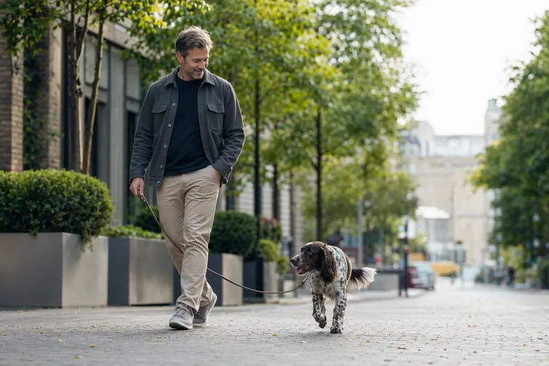 Ein Russischer Jagdspaniel läuft an der Leine mit seinem Besitzer durch eine moderne Stadtstraße.