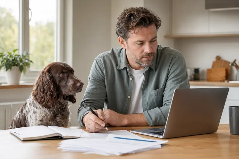 Ein Russischer Jagdspaniel sitzt ruhig neben seinem Besitzer am Küchentisch mit Versicherungsunterlagen und Laptop.