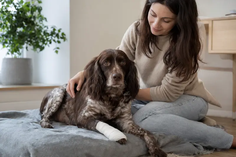 Ein Russischer Jagdspaniel mit leicht verbundenem Pfotenverband liegt ruhig auf einer Decke, während sein Besitzer erleichtert neben ihm sitzt.