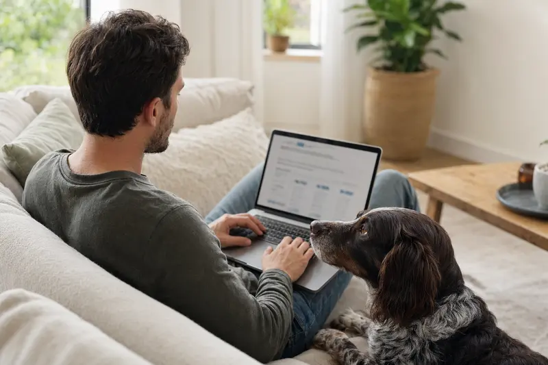 Ein Besitzer sitzt entspannt mit Laptop auf dem Sofa, während ein Russischer Jagdspaniel neben ihm liegt und die neutrale Versicherungsvergleichs-Oberfläche auf dem Bildschirm sichtbar ist.
