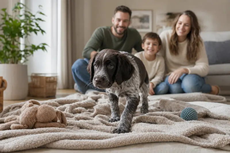 Ein neugieriger russischer Jagdspaniel Welpe erkundet sein neues Zuhause mit Spielzeug und einer liebevollen Familie im Hintergrund.