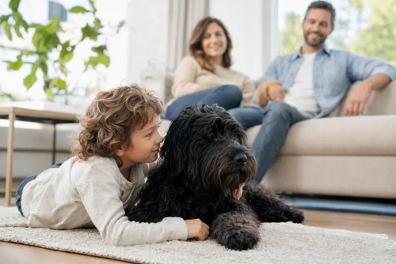 Ein freundlicher Russischer Terrier liegt entspannt neben einem Kind im Wohnzimmer in einer sicheren Familienatmosphäre.