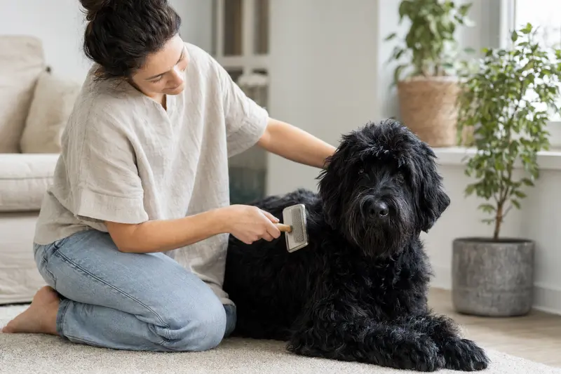 Ein Russischer Terrier wird zuhause von seinem Besitzer sanft gebürstet und gepflegt.