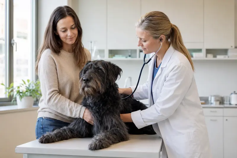 Ein ruhiger Russischer Terrier Hund wird von einer freundlichen Tierärztin in einer modernen Praxis mit einem Stethoskop untersucht, während der Besitzer beruhigend daneben steht.