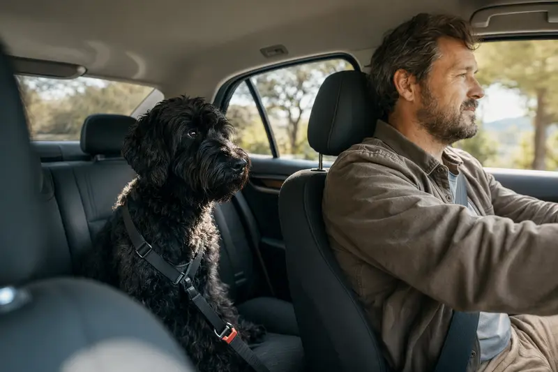 Ein Russischer Terrier sitzt sicher angeschnallt auf der Rückbank eines Autos, während der Besitzer ruhig fährt.