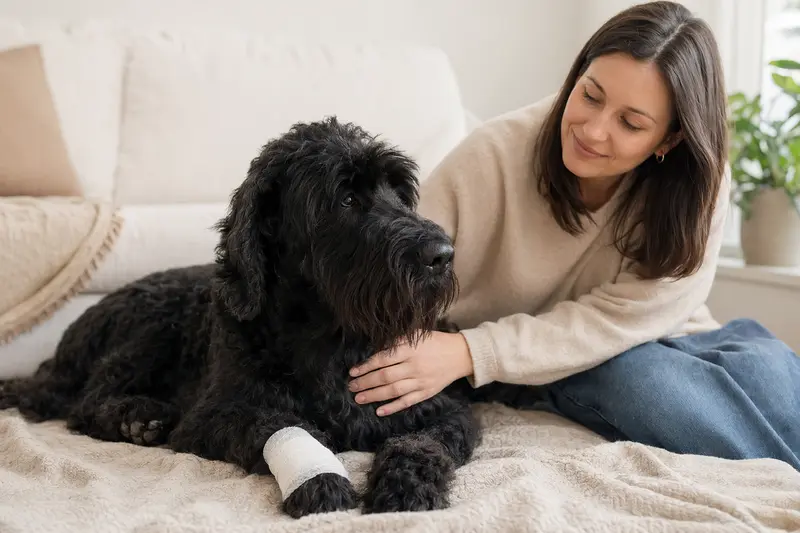 Ein Russischer Terrier liegt mit leicht verbundenen Pfote ruhig auf einer Decke, während sein Besitzer neben ihm sitzt und erleichtert wirkt.