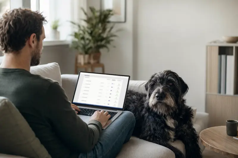 Besitzer arbeitet am Laptop auf dem Sofa, während ein Russischer Terrier Hund neben ihm sitzt, ideal für den Vergleich von Tierversicherungen.