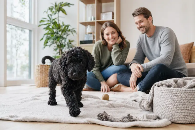 Ein junger Russischer Terrier Welpe erkundet neugierig sein neues Zuhause mit einer weichen Decke und Spielzeug im Hintergrund.