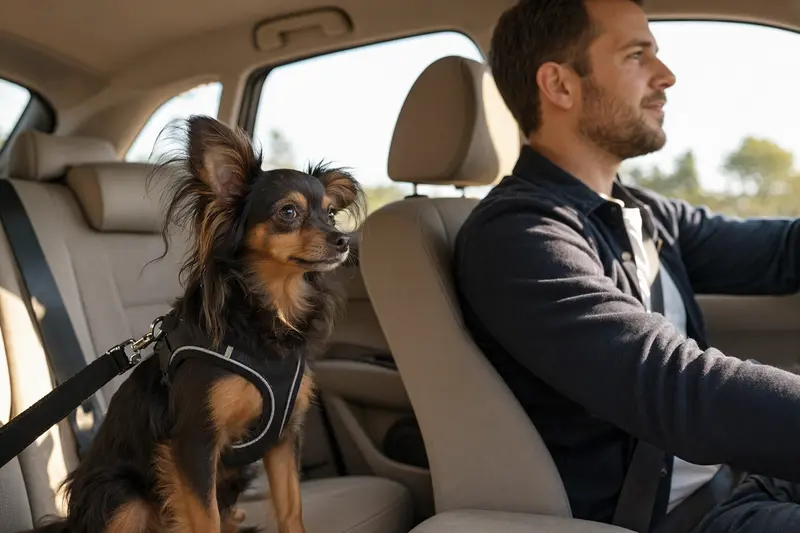 Ein Russischer Toy Hund sitzt sicher angeschnallt auf der Rückbank eines Autos, während der Besitzer aufmerksam fährt.