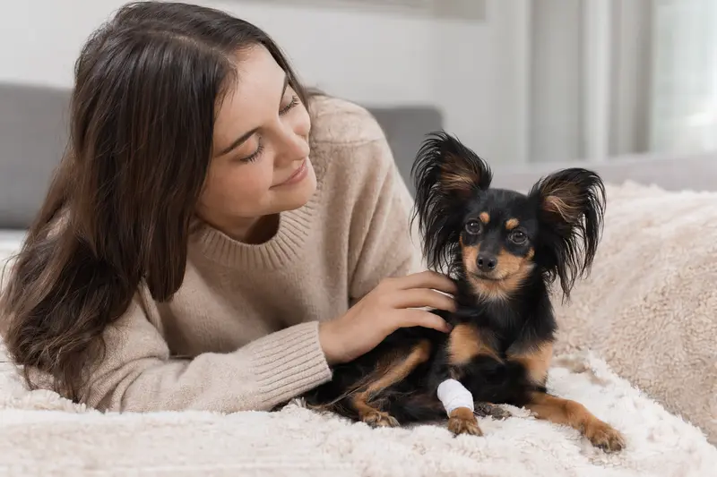 Russischer Toy Hund mit Verband an der Pfote liegt ruhig auf einer Decke, während sein Besitzer erleichtert neben ihm sitzt.