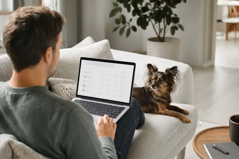 Ein Hundebesitzer arbeitet am Laptop auf dem Sofa, während ein Russischer Toy Hund daneben sitzt.