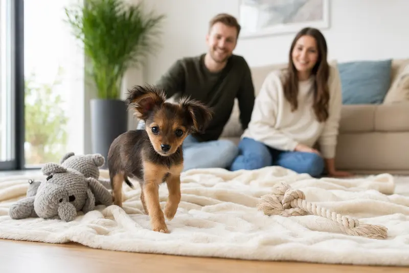 Ein junger Russischer Toy Welpe entdeckt neugierig sein neues Zuhause auf einer weichen Decke zwischen Spielzeug in einer hellen Wohnung.