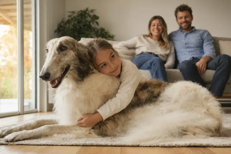 Ein Russischer Windhund liegt entspannt neben einem Kind im Wohnzimmer, während Eltern im Hintergrund eine sichere Familienatmosphäre schaffen.