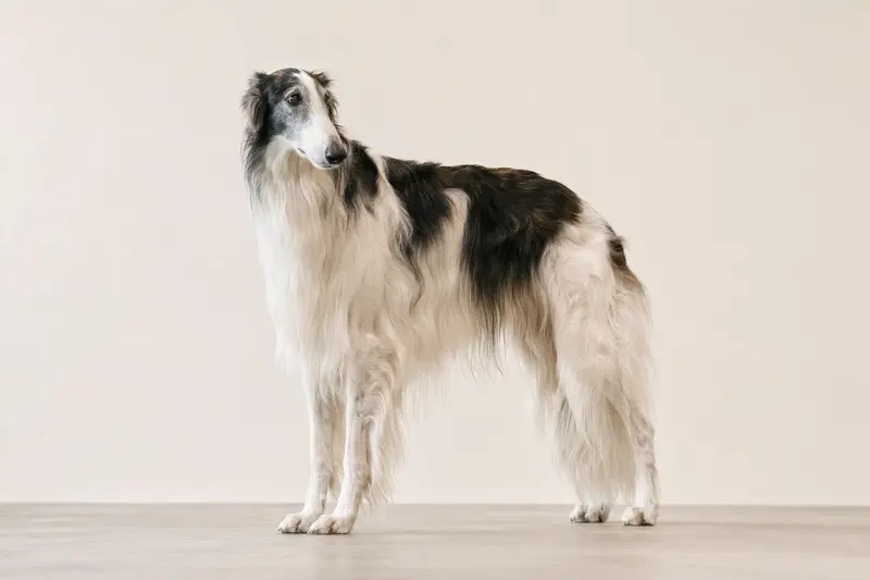 Ein Russischer Windhund steht aufmerksam in natürlicher Haltung vor hellem Hintergrund und zeigt seine elegante Fellstruktur im hochwertigen Tierportrait.