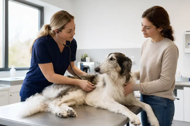 Eine Tierärztin untersucht einen ruhigen Russischen Windhund mit dem Stethoskop in einer modernen Tierarztpraxis, während der Besitzer beruhigend danebensteht.