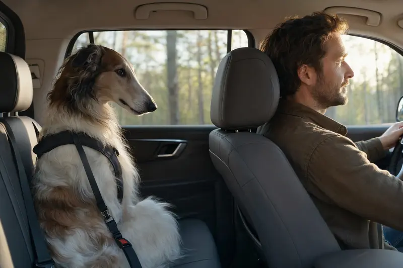 Ein Russischer Windhund sitzt sicher angeschnallt auf der Rückbank eines Autos, während der Besitzer ruhig fährt.