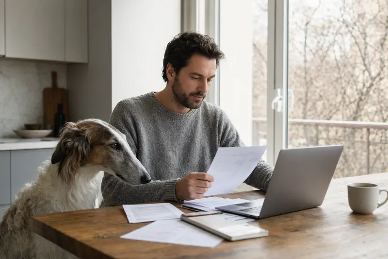 Ein Russischer Windhund sitzt ruhig neben seinem Besitzer am Küchentisch mit Versicherungsunterlagen und Laptop, passend zum Thema Tierversicherung.