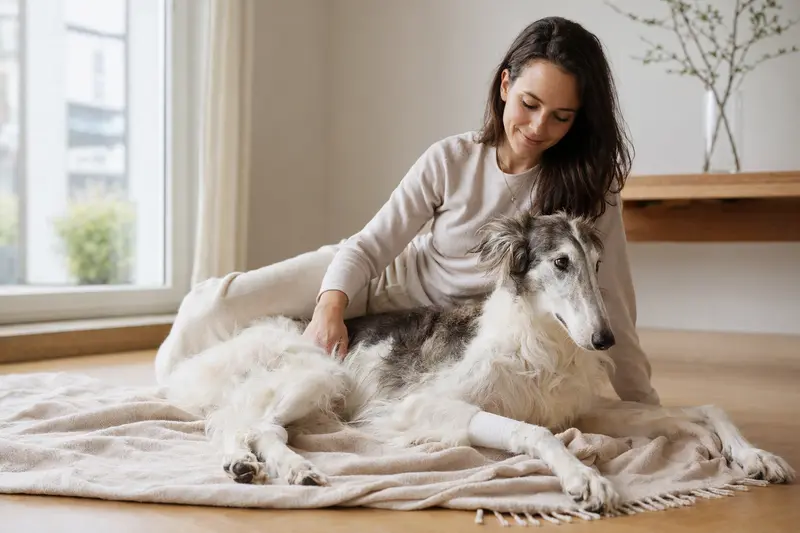 Ein Russischer Windhund liegt mit leichtem Verband an der Pfote ruhig auf einer Decke, während sein Besitzer erleichtert neben ihm sitzt.