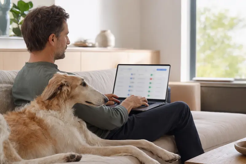 Ein Hund liegt entspannt neben seinem Besitzer, der am Laptop auf dem Sofa Versicherungsoptionen vergleicht.