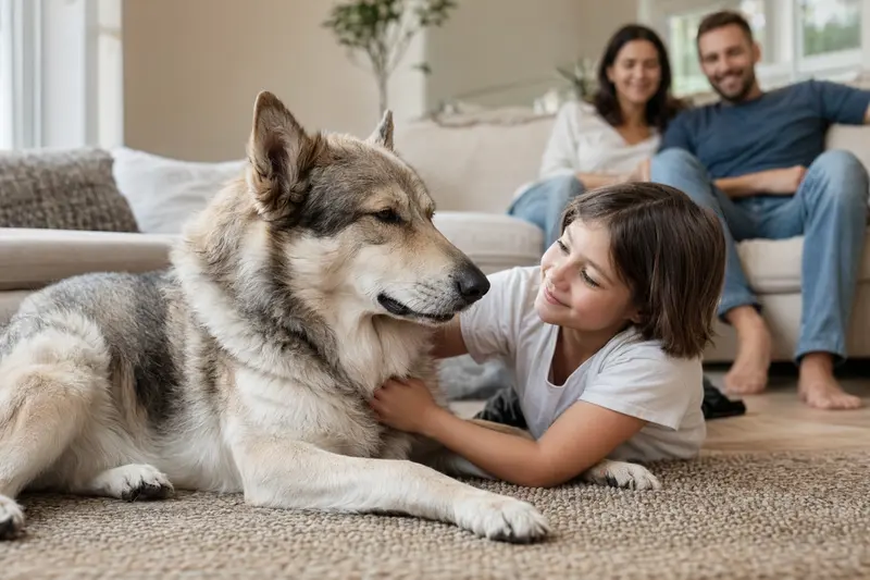 Ein freundlicher Russischer Wolfshund liegt entspannt neben einem Kind im Wohnzimmer in einer warmen Familienatmosphäre.