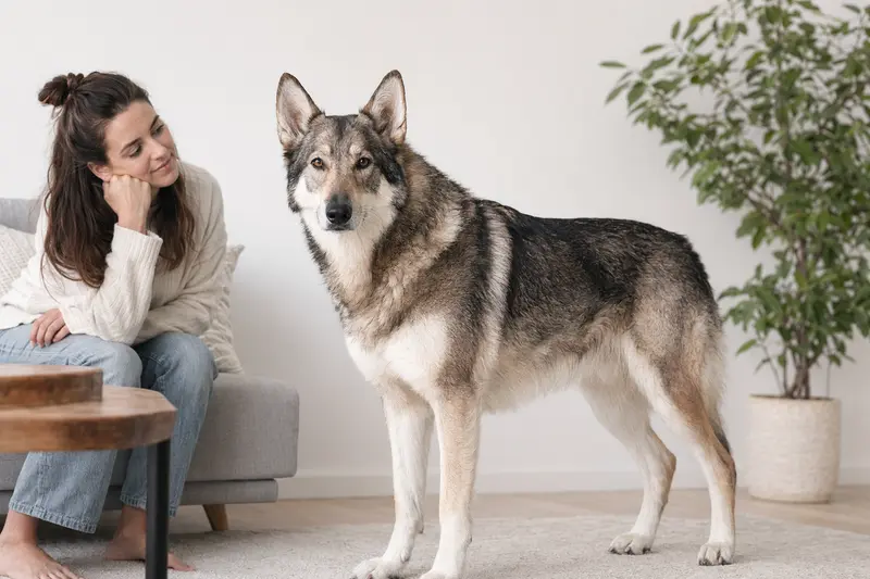 Russischer Wolfshund steht aufmerksam in natürlicher Haltung vor hellem Hintergrund.