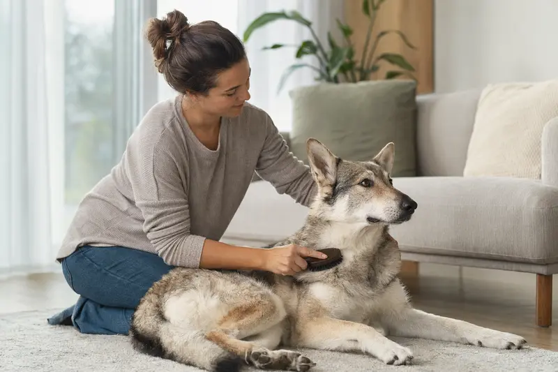 Ein Russischer Wolfshund wird in einer hellen Wohnung sanft gebürstet, während sein Besitzer liebevoll die Fellpflege übernimmt.
