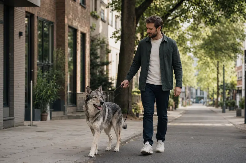 Ein Russischer Wolfshund läuft an der Leine mit seinem Besitzer durch eine moderne Stadtstraße.