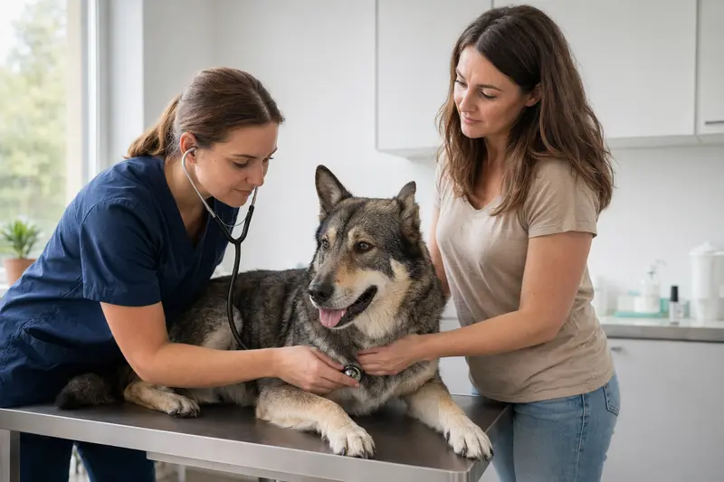 Ein ruhiger Russischer Wolfshund auf einem Untersuchungstisch in einer hellen Tierarztpraxis, während eine freundliche Tierärztin ihn mit einem Stethoskop untersucht.