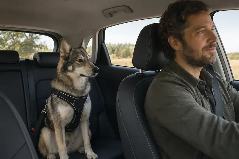 Ein Russischer Wolfshund sitzt sicher angeschnallt auf der Rückbank eines Autos, während der Besitzer ruhig fährt und Sonnenlicht durch das Fenster fällt.