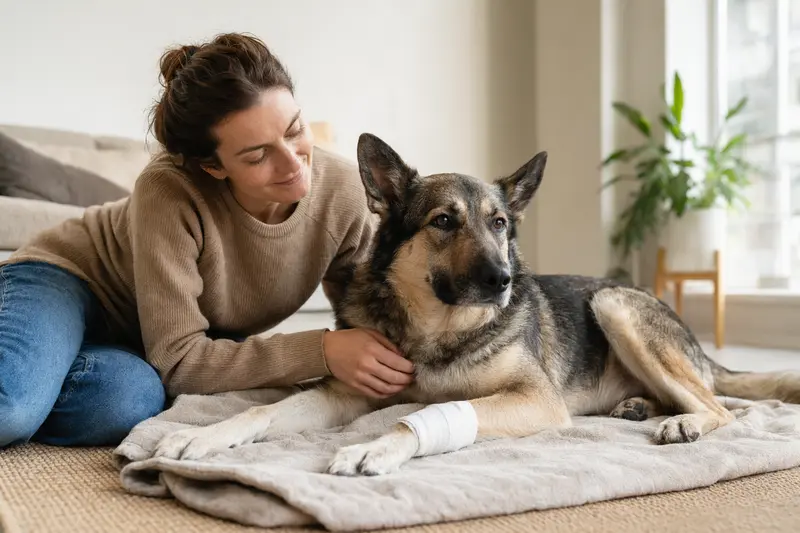 Ein Russischer Wolfshund mit leicht verbundenener Pfote liegt ruhig auf einer Decke, während sein Besitzer neben ihm sitzt und erleichtert wirkt.