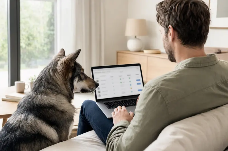 Ein Besitzer sitzt mit Laptop auf dem Sofa und betrachtet einen Versicherungsvergleich, während sein Russischer Wolfshund entspannt daneben liegt.
