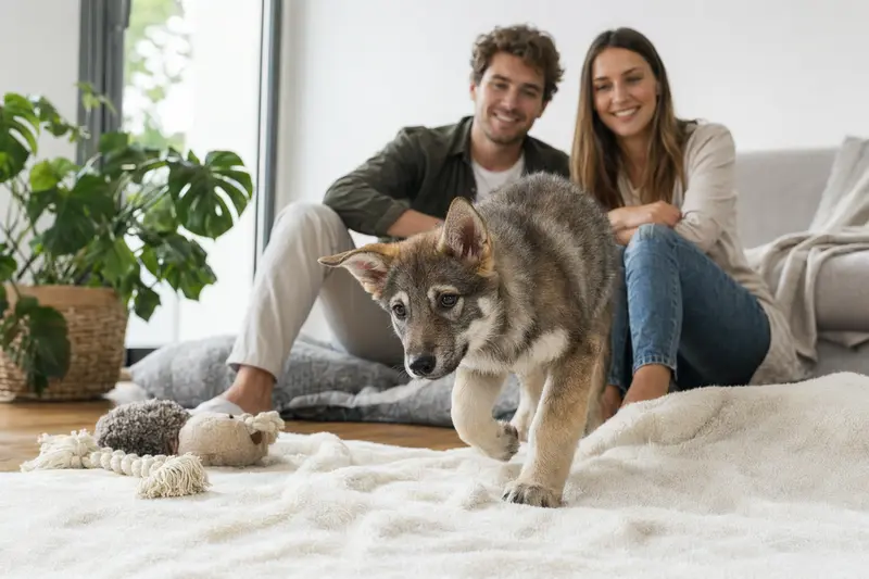 Ein junger Russischer Wolfshund Welpe erkundet neugierig seine neue helle Wohnung mit einer weichen Decke und Spielzeug, während die liebevolle Familie im Hintergrund zu sehen ist.